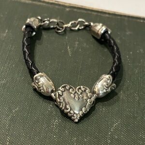 Brighton Silver Heart Charm Bracelet with Black Braided Band